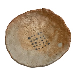 Hand built iridescent earth-tone with black dots raku pottery ring dish, Handmade trinket tray, Desk organizer, Small pill holder, Coin dish