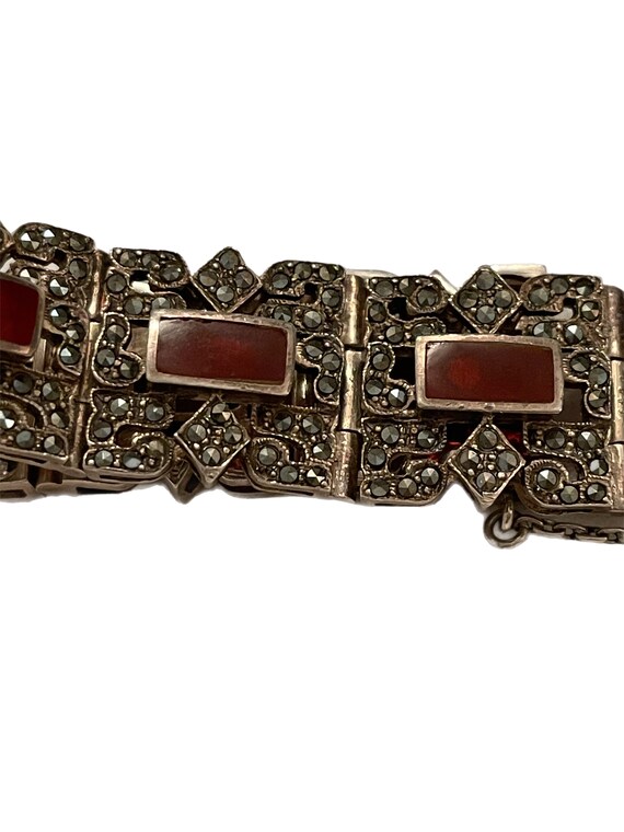 Art Deco sterling marcasite and red onyx bracelet - image 2