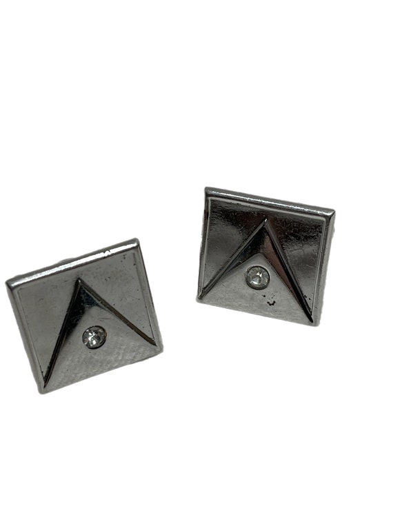 Swank square silver cufflinks with rhinestone acc… - image 1