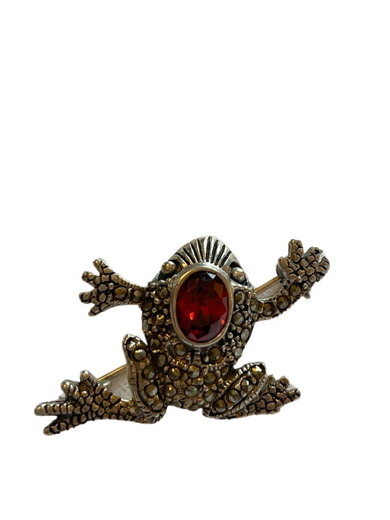 Marcasite and sterling with oval ruby frog brooch