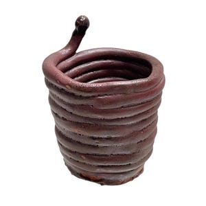 Matte burgundy glaze coil pottery vase, Handmade paperclip desk organizer, Hand built writing utensils holder, Bedside catchall