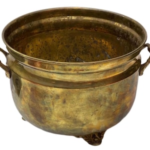 Large brass footed indoor planter, Mid century cachepot, Two handled decorative urn, Maximalist plant decor, Fireplace kindling pail
