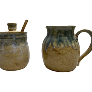 Handmade cream with blue drips pottery creamer and honey pot, Earthen barware, Rustic serveware, Handmade coffeeware, Handthrown serving set