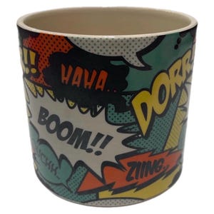 Small BOOM!! ZIING.. ceramic cartoon indoor planter, Retro comics cachepot, Superhero vs Arch enemy fight scene garden pot