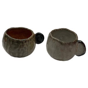 Pair of Hand-Built Raku Pottery Espresso Cups | Iridescent Earth Tone Ceramic Mugs | Organic Wabi Sabi Mismatched Coffee Cup Set