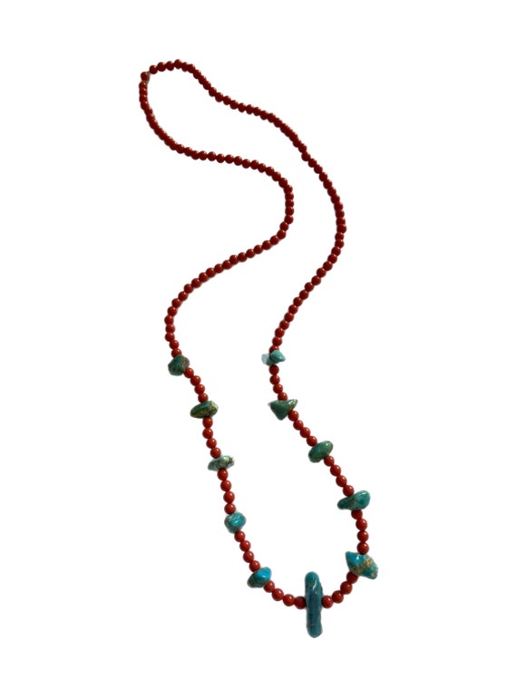 Red coral bead and natural turquoise necklace