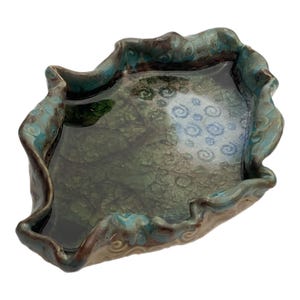 Hand built rippled teal raku pottery dish, Handmade trinket tray, Desk organizer, Vanity pill holder, Pottery catchall, Rustic coin dish