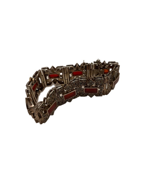 Art Deco sterling marcasite and red onyx bracelet - image 1