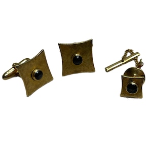 Gold square with black pearl accent cufflinks and tie tack set