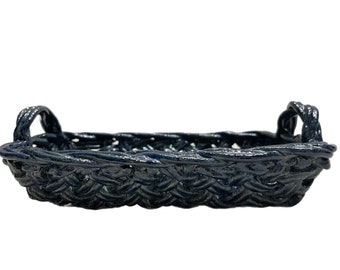 Handmade oblong navy blue woven pottery tray