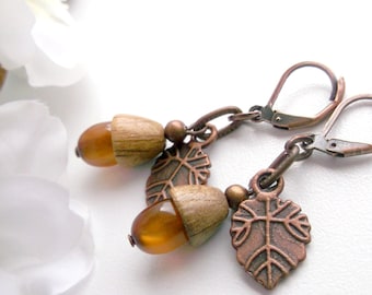 Acorn earrings copper earrings acorn oak dangle leaf dangle brown cluster brown acorn dangle autumn earrings acorn earrings nature earrings