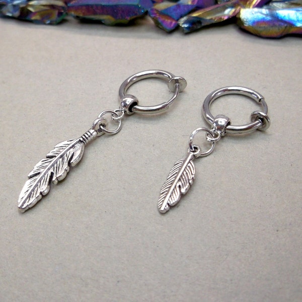 Feather clip-on,non pierced,feather earring, clip-on earring, clip-on dangle, guys clip-on, goth dangle,for him, amulet dangle,talisman gift