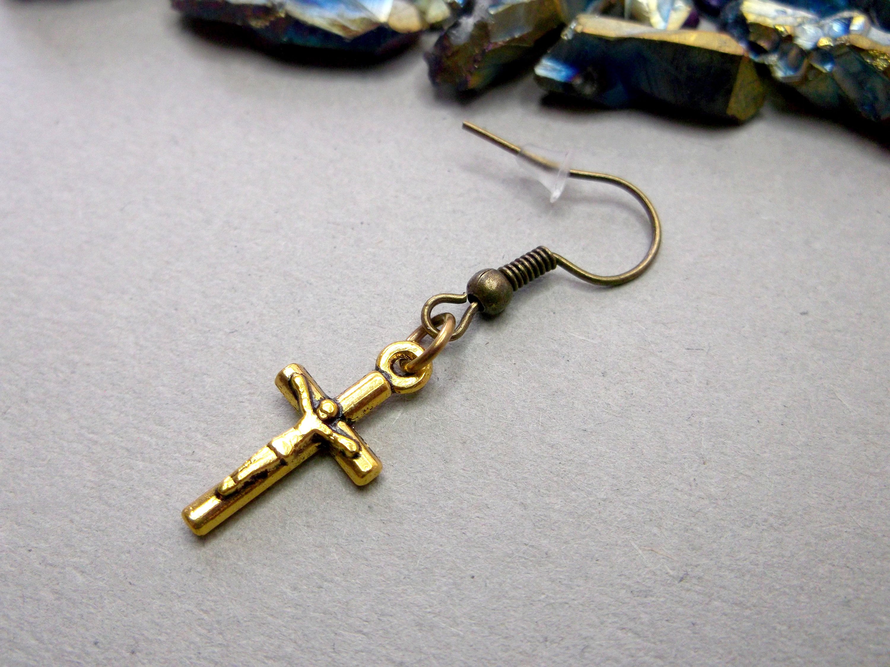 Gold Cross Earring One Men Earring Gold Cross Dangle Cross Etsy