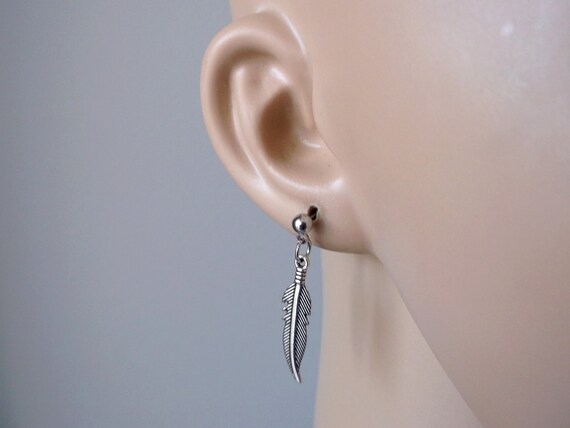Tibetan Silver Feather Dangle Earring: Goth Symbol Stud