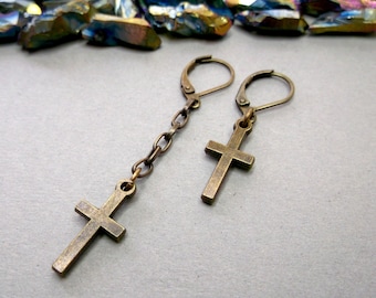 Brass Cross Dangle Earring: Spiritual Protection Jewelry