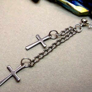 One cross earring double cross earring husband gift cross earring  two charms earring cross long chain earring one male earring gift for him