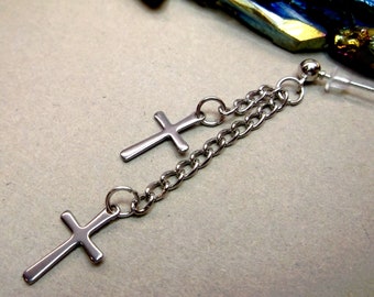 Stainless Steel Double Cross Earring: Long Chain Dangle