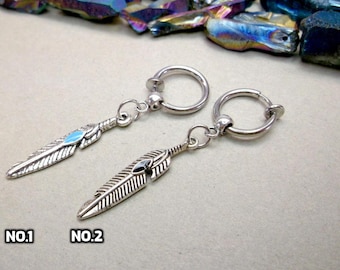 Tibetan Silver Feather Clip On Dangle: Turquoise Enamel Charm