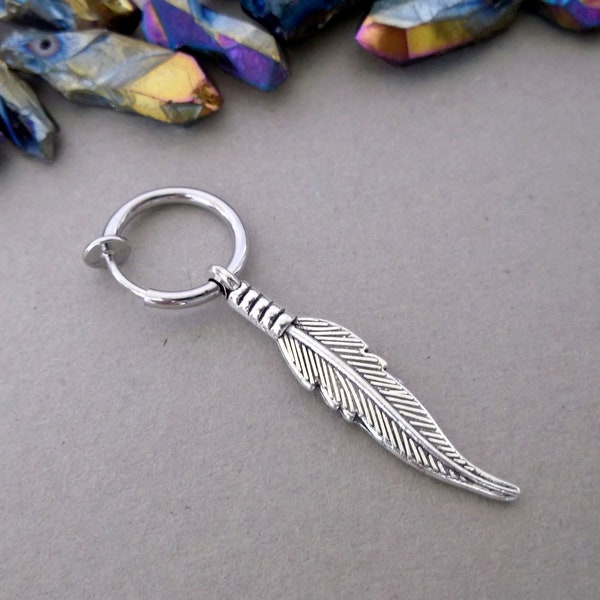 Feather clip-on, non pierced, feather earrings, clip-on earring, clip-on dangle, guys clip-on, goth dangle,for him, symbol wing dangle