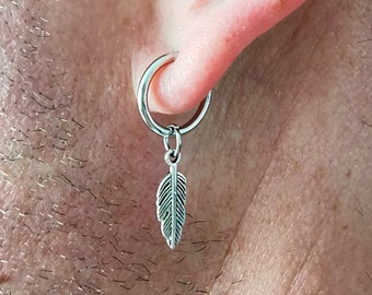 Silver Feather Dangle Clip-on Earring: Stainless Steel Unisex Amulet