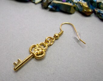 Gold key earring, one key earring, love key dangle, symbol earring, men key earring, gold key dangle, goth earring, guys earring, symbol