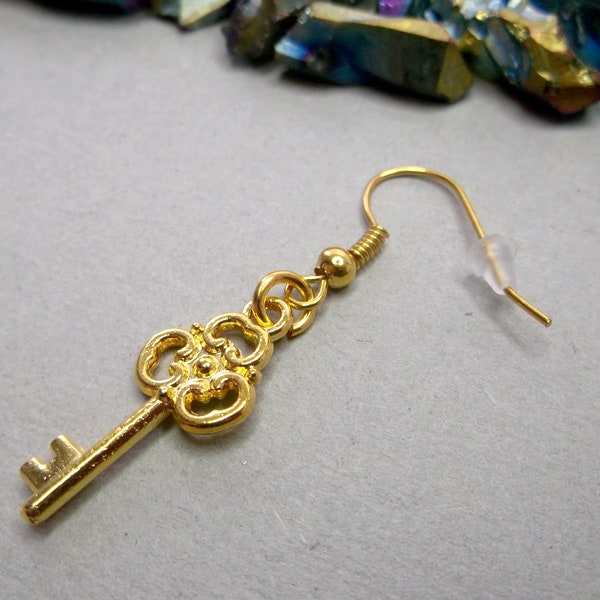 Gold key earring, one key earring, love key dangle, symbol earring, men key earring, gold key dangle, goth earring, guys earring, symbol