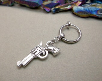 Revolver Clip-on Earring, Antique Silver Dangle, Mens Single Earring