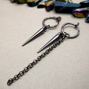Acrylic spike clip-on chain clip-on  goth spike dangle non pierced gunmetal spike gray spike earring cone chain dangle industrial jewelry