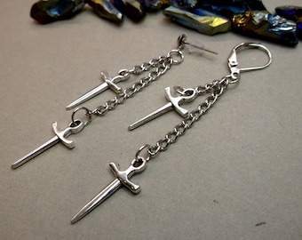 Silver Sword Dangle Earring: Stainless Steel Chain, Men's Jewelry