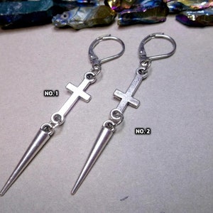 Silver Cross Spike Dangle Earring: Goth Satanic Symbol