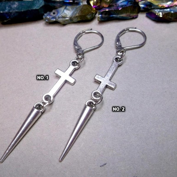 Single cross dangle spike men dangle silver spike dangle inverted cross dangle goth symbol cross satanic symbol earring protection cross men