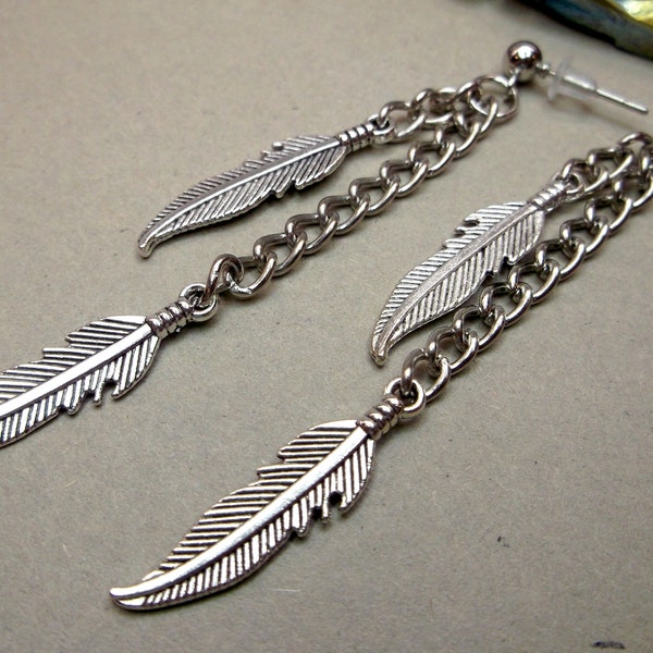 Silver feather stud, two feather dangle, long men dangle, double feather dangle, symbol earrings, for guys, for goth, for hippie, amulet