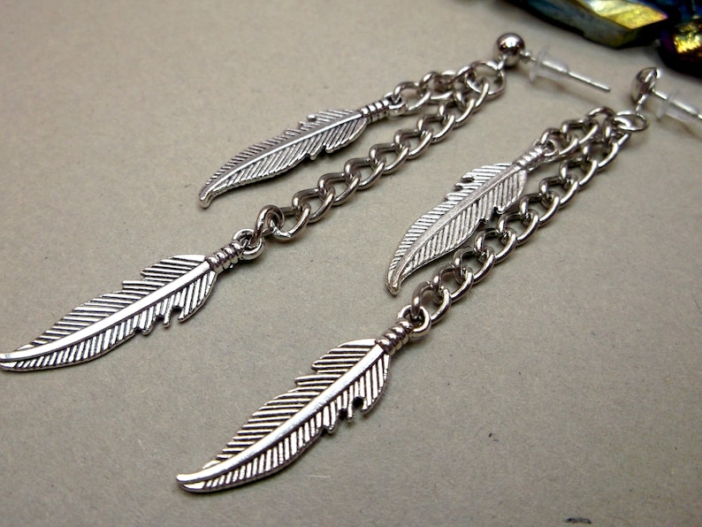 Silver Feather Stud Two Feather Dangle Long Men Dangle Etsy