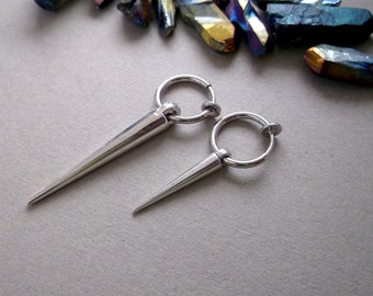 Silver Spike Dangle Clip-On Earring: Goth Industrial Jewelry