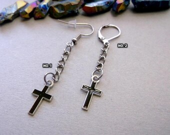 Black Enameled Cross Dangle Earring: Stainless Steel Chain, Goth Religious Jewelry