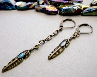 Brass Feather Dangle Earring: Turquoise Enamel Charm