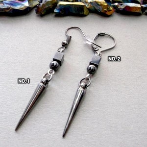 Gunmetal Farbe Spike, ein Spike Ohrring, Spike Kegel-Ohrring, Spike Kegel Dangle, hematite dangle, Edelstein-Männer schwul Ohrring goth dangle
