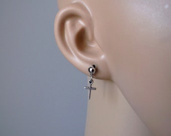 Silver Cross Dangle Earring: Stainless Steel Men's Jewelry