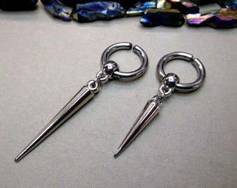 Silver Spike Dangle Clip-On Hoop: Goth Industrial Jewelry