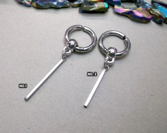Silver Stick Hoop Earring: Stainless Steel Bar, Non Pierced Clip-On