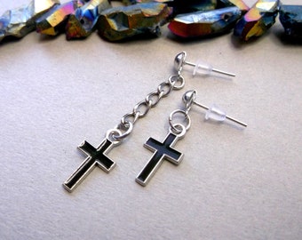 Black Enamel Cross Earring: Stainless Steel Chain Dangle Stud