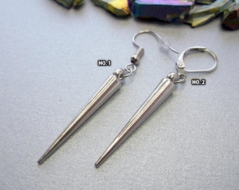Silver Spike Dangle Earrings: Stainless Steel Unisex Earrings