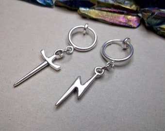 Sword & Lightning Clip-On Earrings: Silver Dangle, Non Pierced