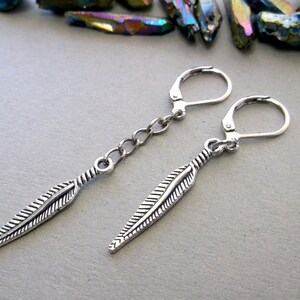 Silver feather dangle, feather earrings, long men dangle, short fearher dangle, symbol earrings, for guys, for goth, for hippie, amulet,