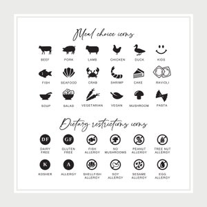 Pu&ograve; includere: Grafica bianca con icone nere che rappresentano scelte alimentari e restrizioni dietetiche. Le icone includono manzo, maiale, agnello, pollo, anatra, pesce, frutti di mare, granchio, gamberi, torta, ravioli, zuppa, insalata e simboli di allergia.