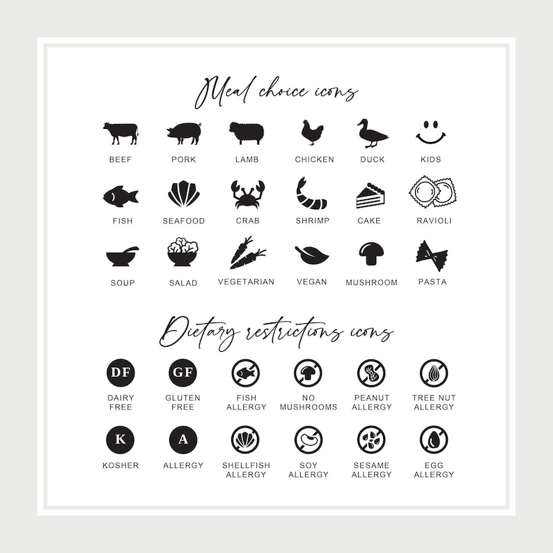 Pu&ograve; includere: Grafica bianca con icone nere che rappresentano scelte alimentari e restrizioni dietetiche. Le icone includono manzo, maiale, agnello, pollo, anatra, pesce, frutti di mare, granchio, gamberi, torta, ravioli, zuppa, insalata e simboli di allergia.