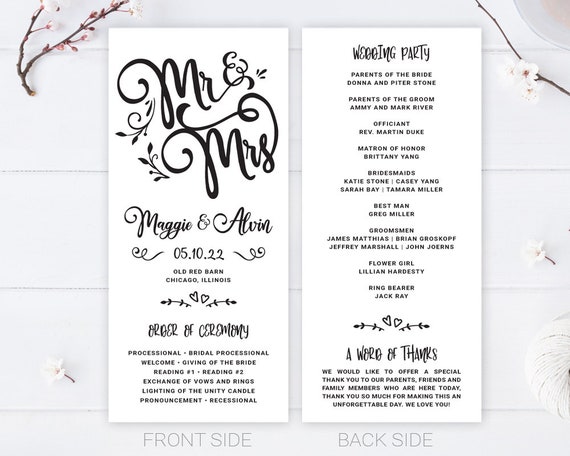 Printed Wedding Programs Modern Calligraphy Program For Etsy