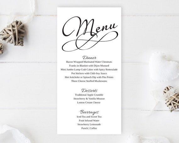 Printed Simple Wedding Menus Wedding Reception Menu Cards Etsy