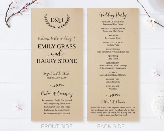 Printed Simple Rustic Wedding Programs Kraft Paper Program Etsy