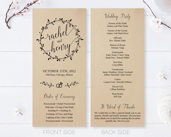 Printed Rustic Wedding Programs Personalized Program Etsy